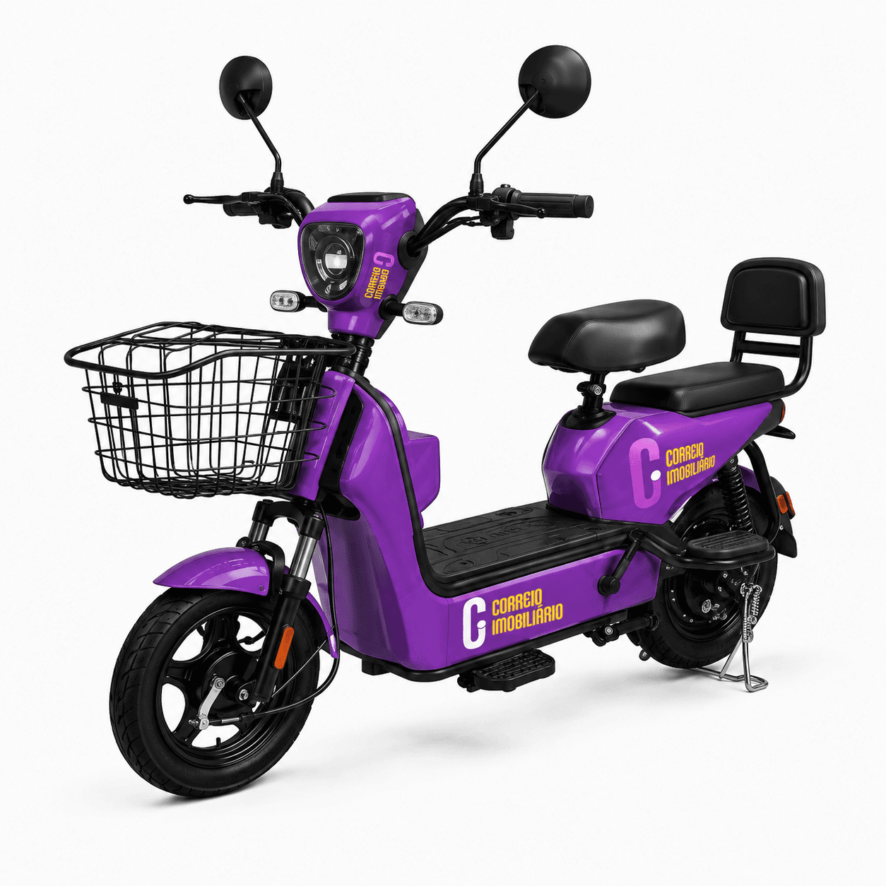 Scooter elétrica roxa com a marca Correio Imobiliário — prêmio do sorteio
